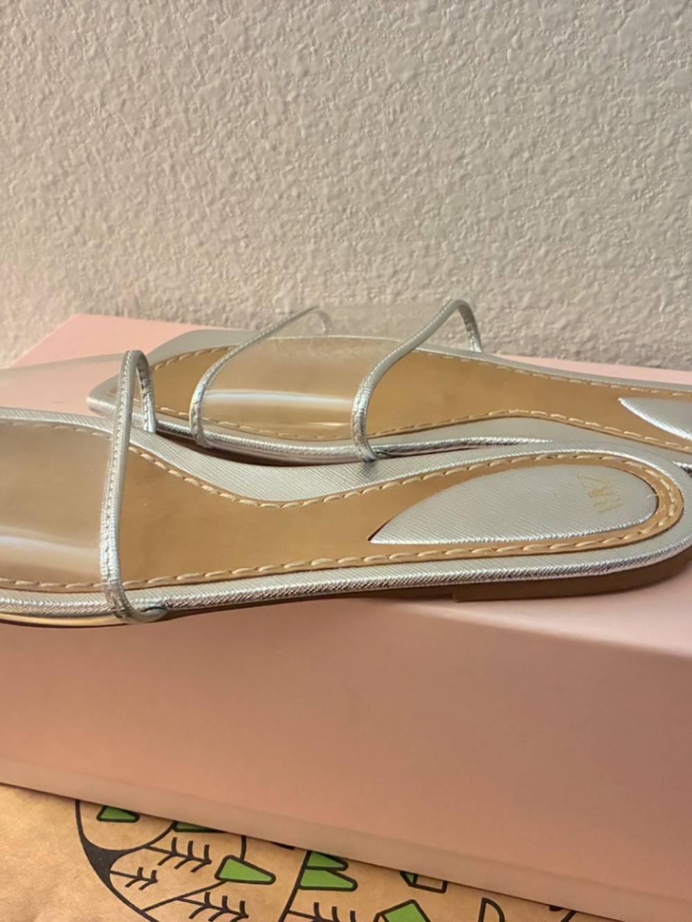 Zara Vinyl Flat Slide Sandals - Silver/Tan Clear Square Toe Mules Size 39 - Picture 4 of 6